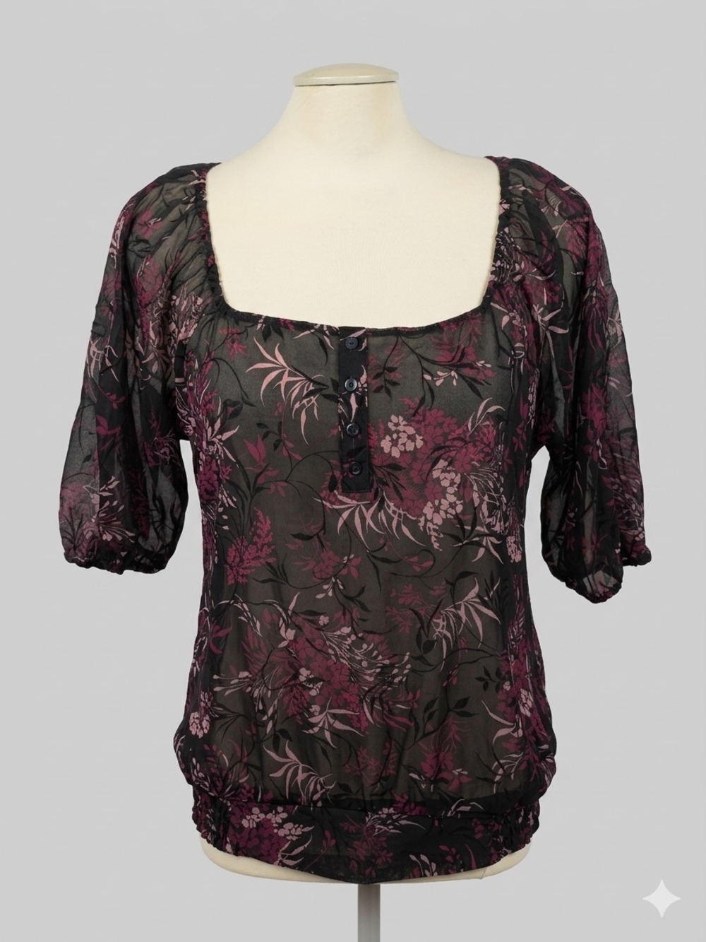 Reitmans Sheer Floral Square-Neck Blouse in Plum and Black